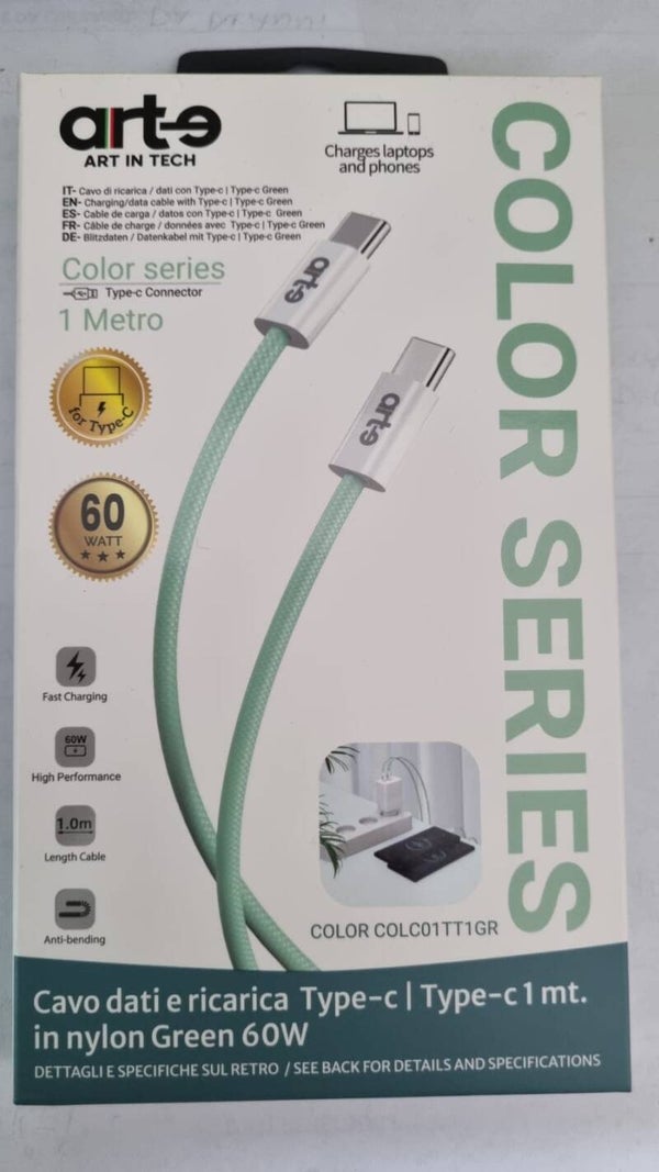 ART IN TECH COLOR SERIES CAVO DI RICARICA 1 METRO TYPE-C/TYPE-C IN NYLON VERDE