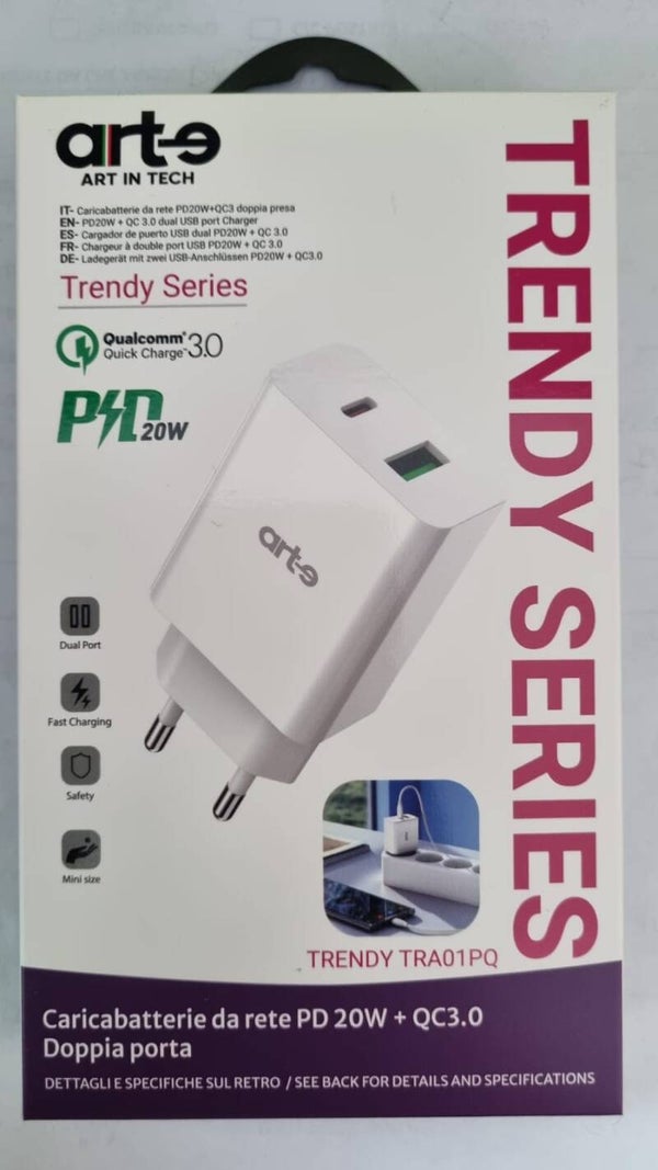 ART IN TECH TRENDY SERIES CARICABATTERIE DA RETE  PD20W PIU' QC3 DOPPIA PRESA