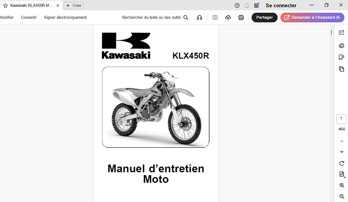 Manuel d'atelier Kawasaki KLX 450 R  (attention en pdf-version ordinateur)
