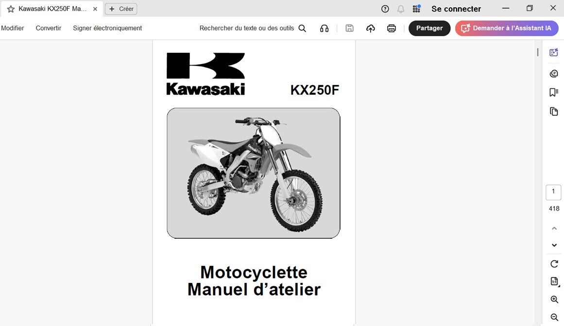 Manuel d'atelier Kawasaki KX 250 F  (attention en pdf-version ordinateur)