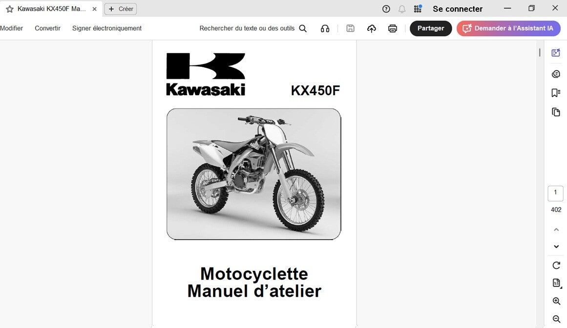 Manuel d'atelier Kawasaki KX 450 F  (attention en pdf-version ordinateur)
