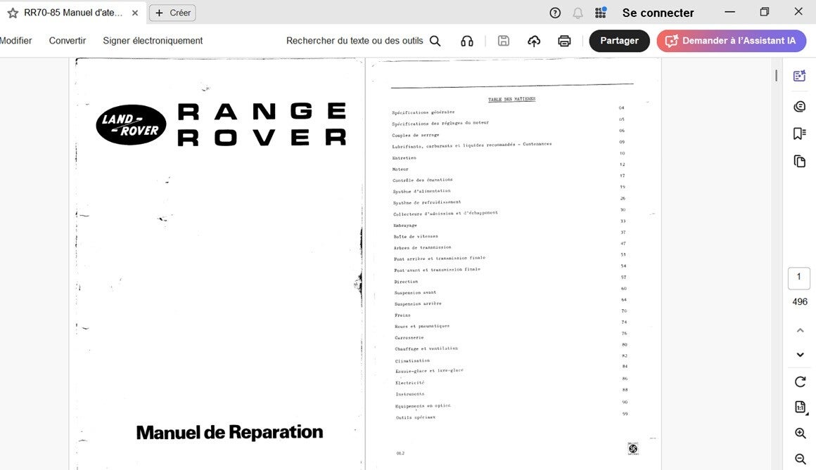 Manuel de réparation Land Rover Range Rover RR70-85 (attention en pdf-version ordinateur)