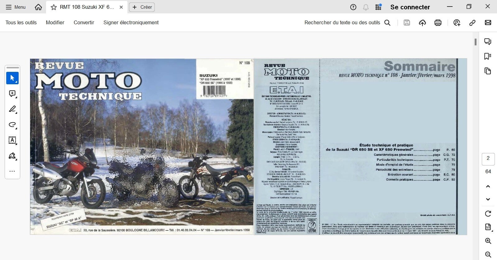 Revue moto technique 108 Suzuki XF 650 Freewind DR 650 SE (attention en pdf-version ordinateur)