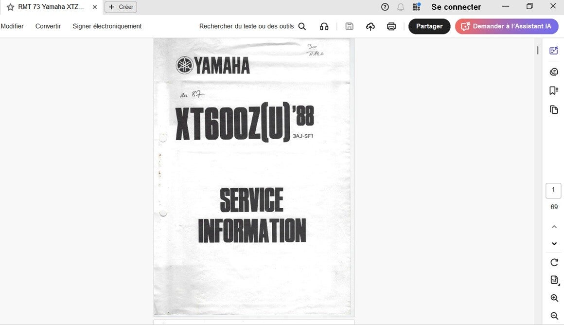 Manuel d'atelier Yamaha XT 600 Z (attention en pdf-version ordinateur)