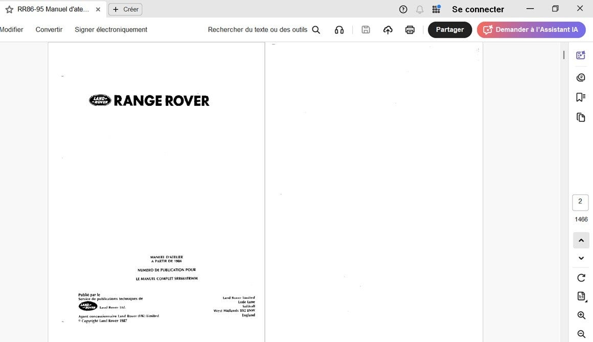 Manuel de réparation Land Rover Range Rover RR86-95 (attention en pdf-version ordinateur)