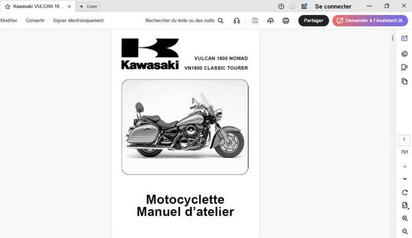 Manuel d'atelier Kawasaki VULCAN 1600 NOMAD VN1600 CLASSIC TOURER  (attention en pdf-version ordinateur)