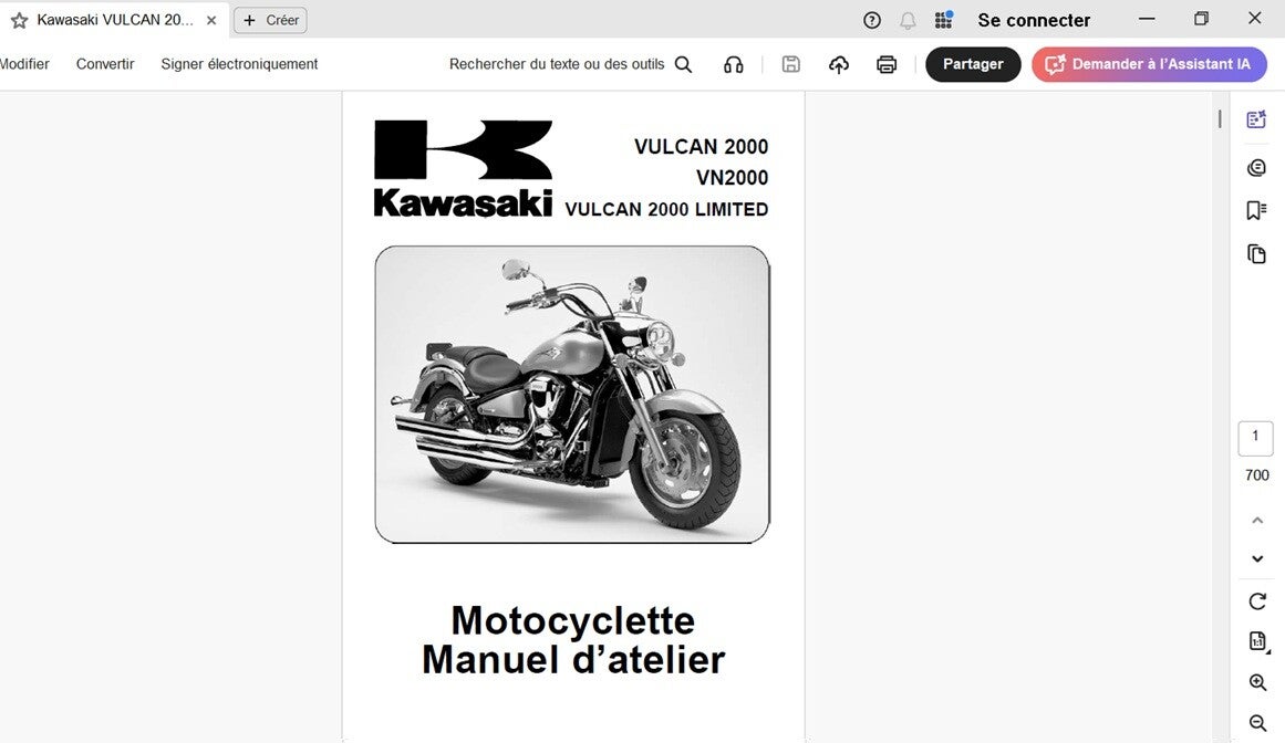 Manuel d'atelier Kawasaki VULCAN 2000 VN2000 Limited (attention en pdf-version ordinateur)