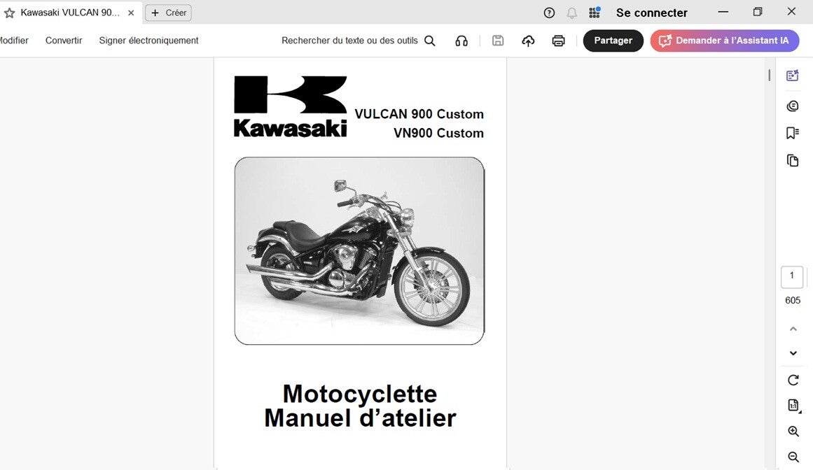 Manuel d'atelier Kawasaki VULCAN 900 Custom VN900 Custom  (attention en pdf-version ordinateur)
