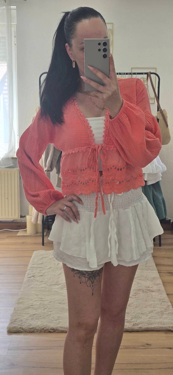 Baumwollgaze Bluse mit Stickdetail -KORALLE-