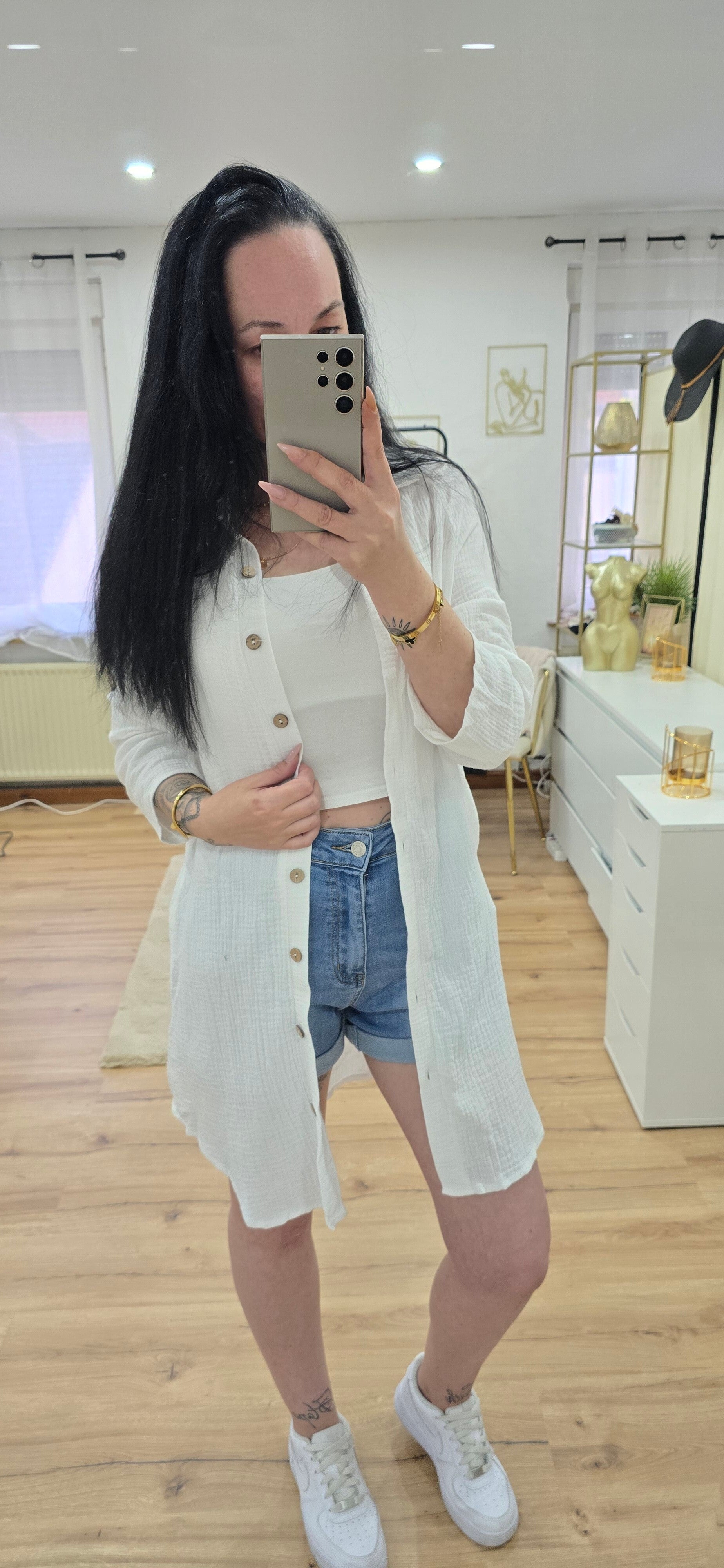 lange Musselin Bluse -WEIß-