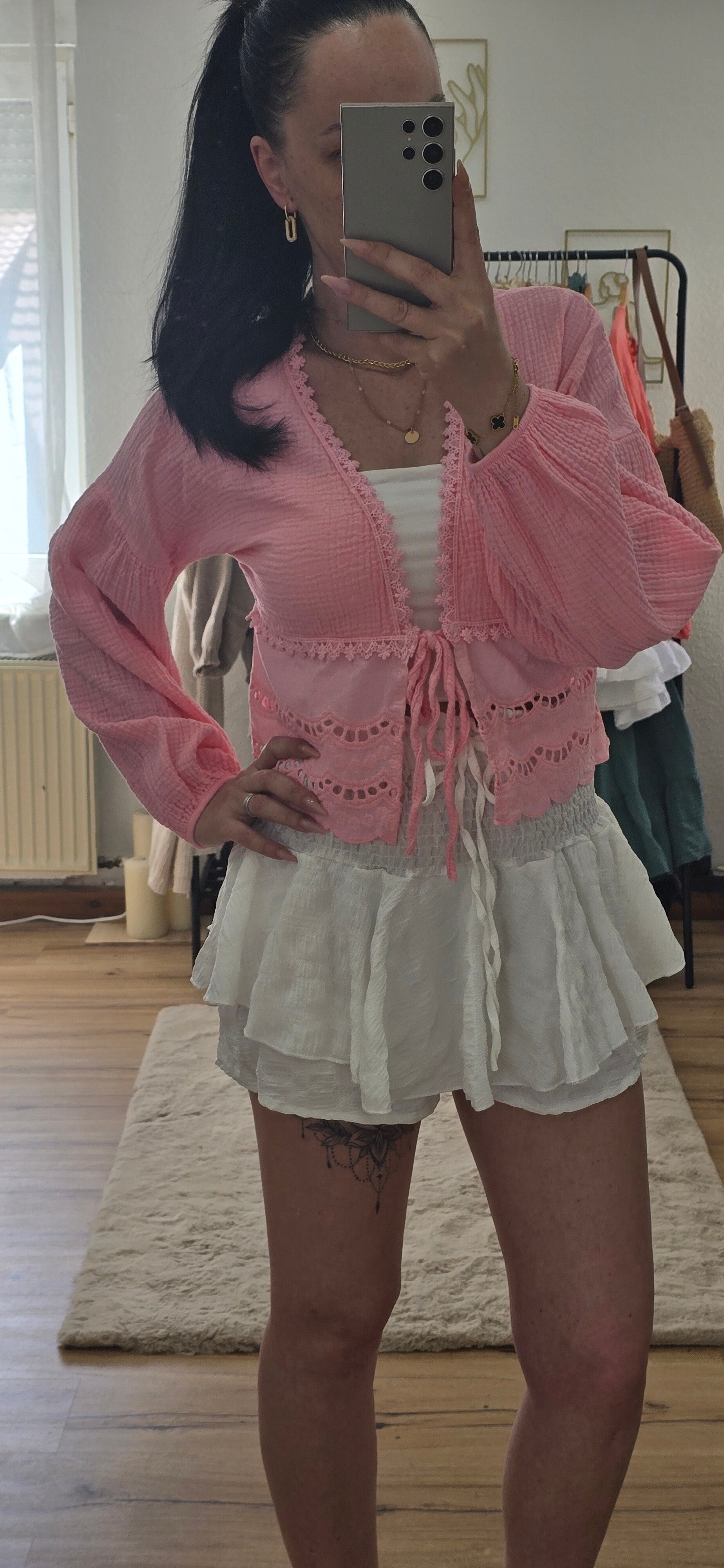 Baumwollgaze Bluse mit Stickdetail -ROSA-