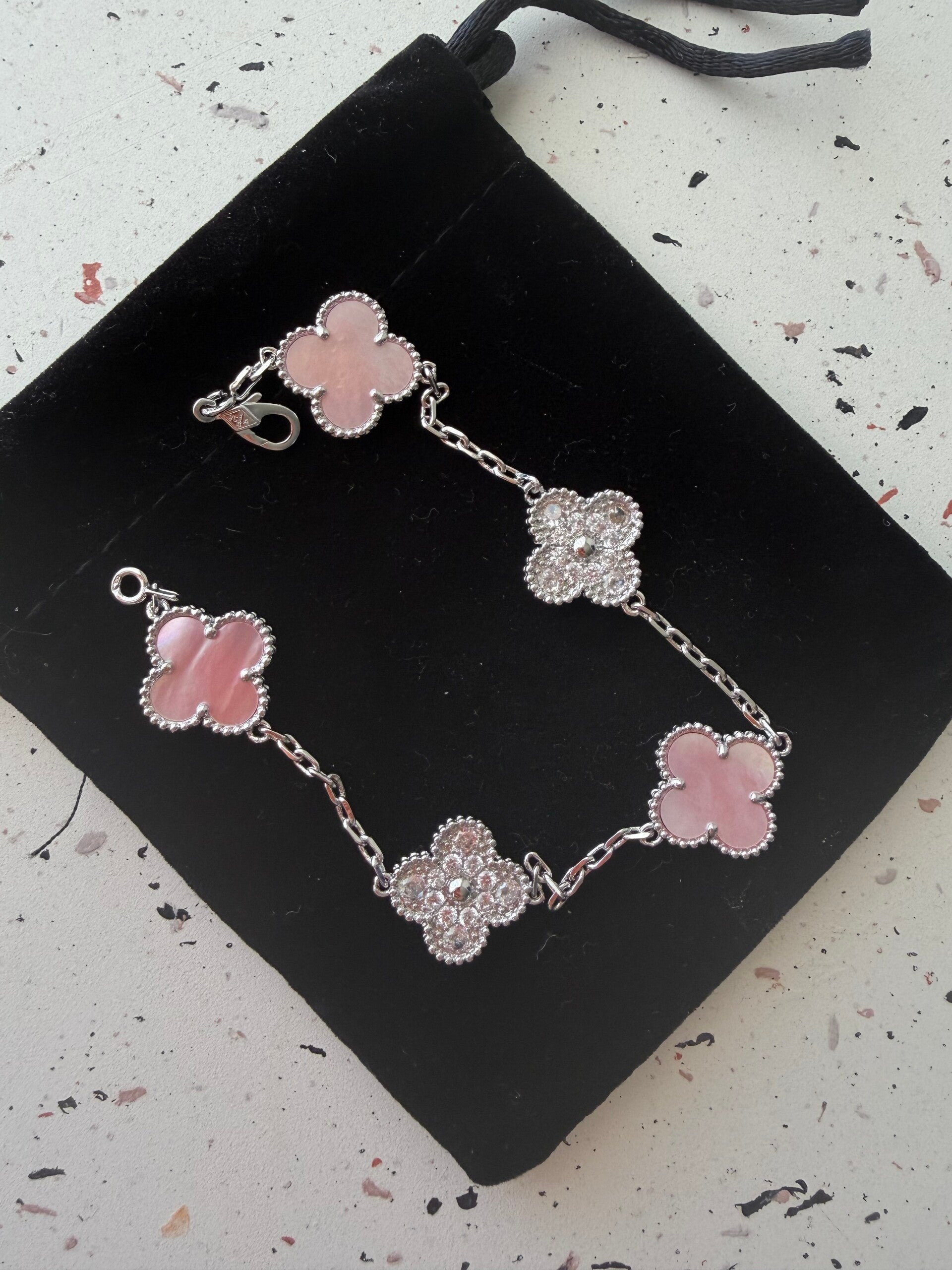 Armband Silber, Kleeblatt rosa & mit stein