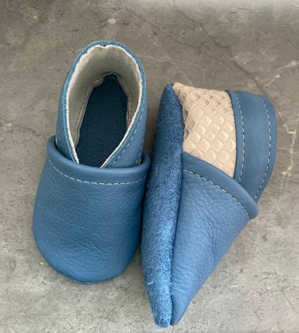 Leren slofjes blauw/zilver