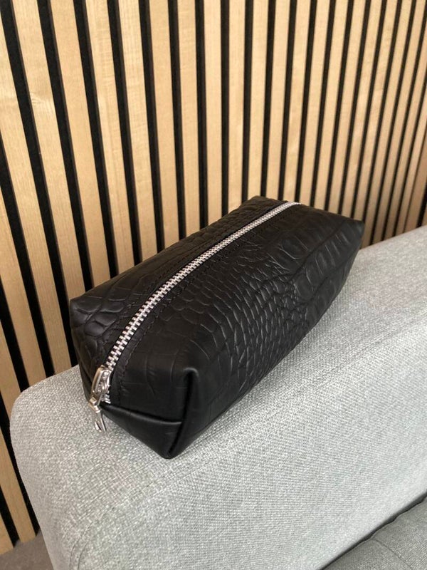 Leren etui crocoprint zwart