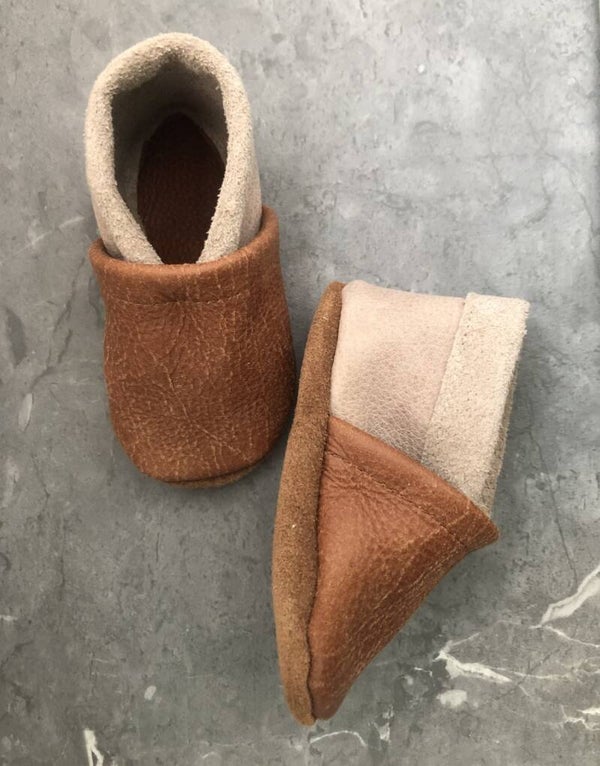 Leren slofjes cognac/beige