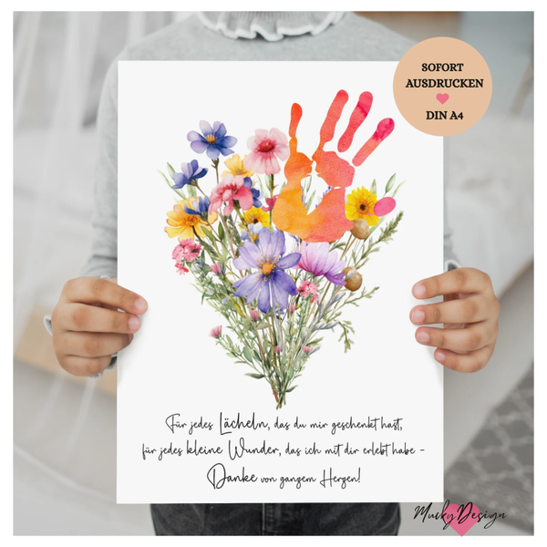 Erzieherin Geschenk Abschied Danke Kindergarten Geschenk Tagesmutter Kita Krippe Lehrerin Handabdruck Bild Blumen Spruch Karte DIY Idee PDF