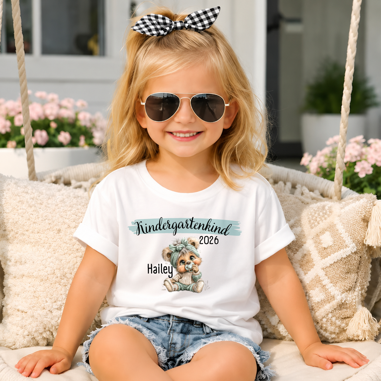 Personalisiertes Kindergartenkind T-Shirt Teddymädchen mit Namen - Kita Kind Mädchen Kindergarten Start