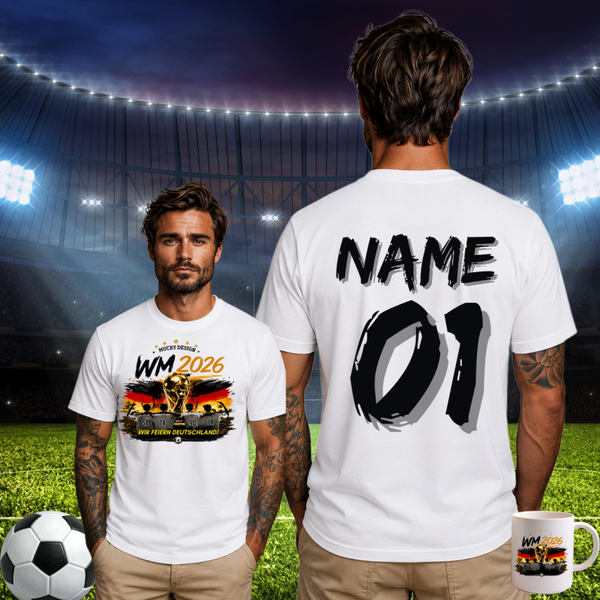 WM 2026 Fan-Shirt mit Wunschname + GRATIS Tasse