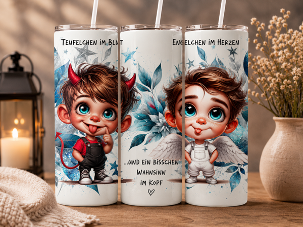 Thermobecher 590 ml - Niedlicher Junge mit lustigem Engel Teufel