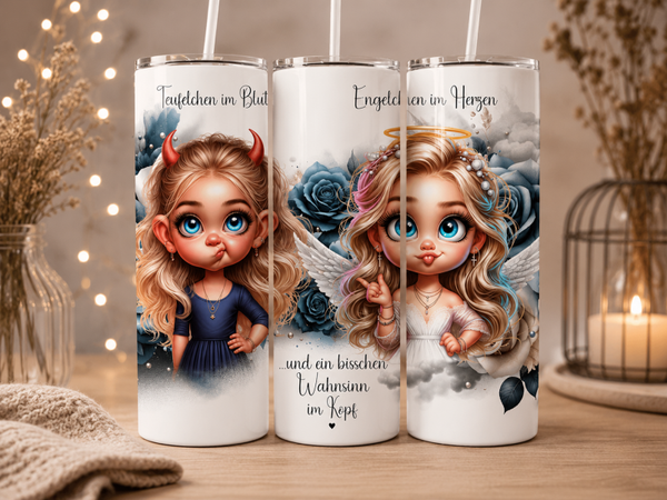 Thermobecher 590 ml - Niedliches Mädchen mit lustigem Engel Teufel