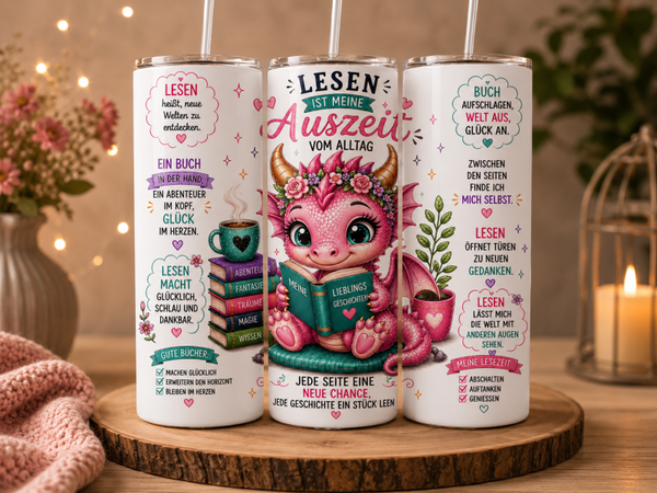 Thermobecher 590 ml -Lesen ist meine Auszeit vom Alltag – Süßer Drache & Buchliebe
