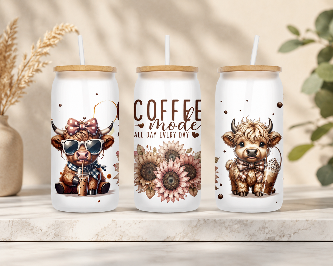 Trinkglas mit Bambus Deckel - Highland-Cow-Design