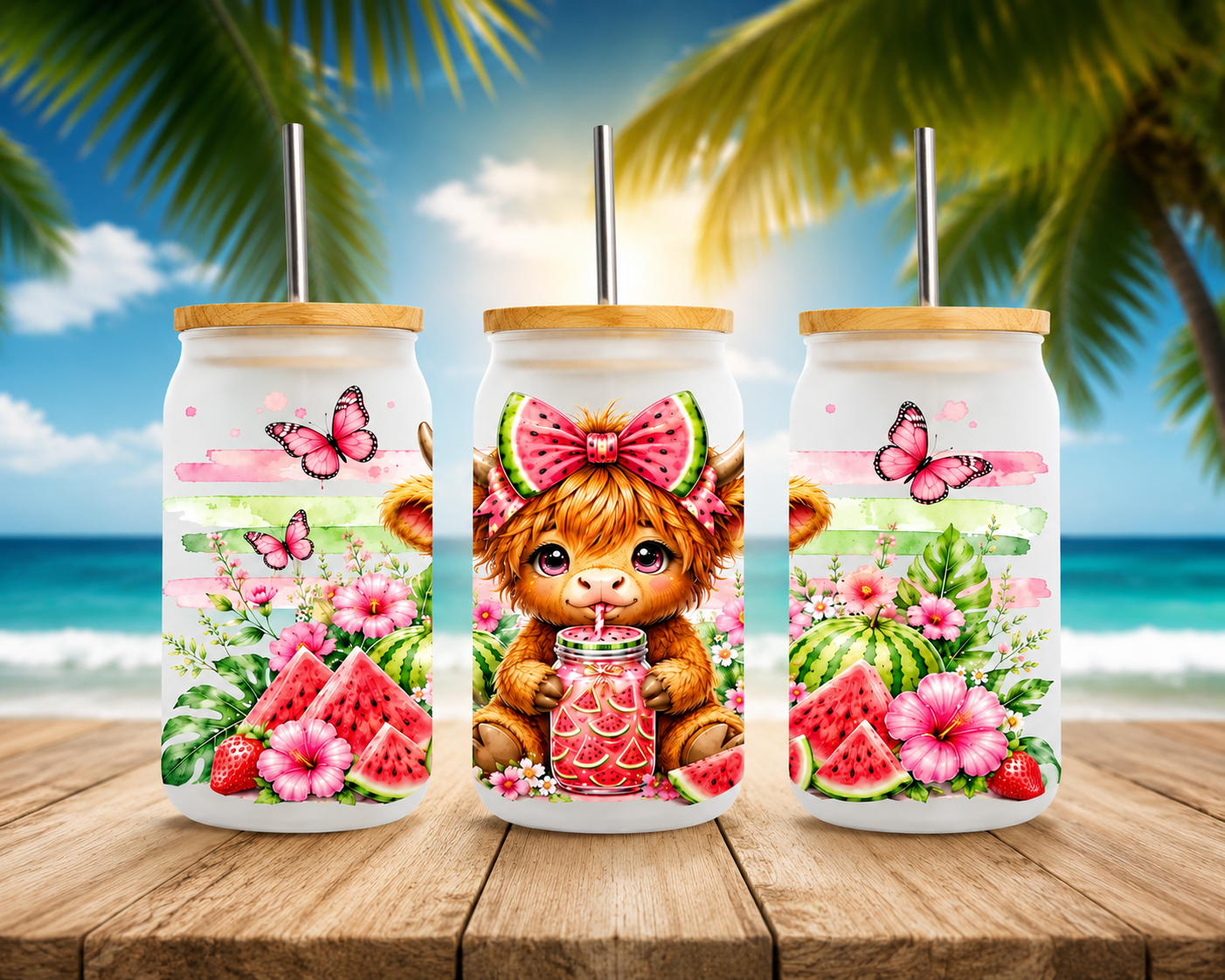 Trinkglas mit Bambus Deckel - Watermelon-Highland-Cow