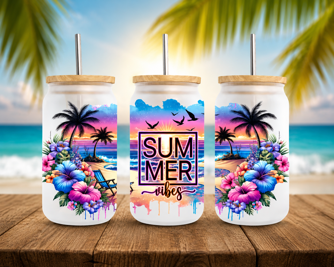 Trinkglas mit Bambus Deckel - Sommer Vibes