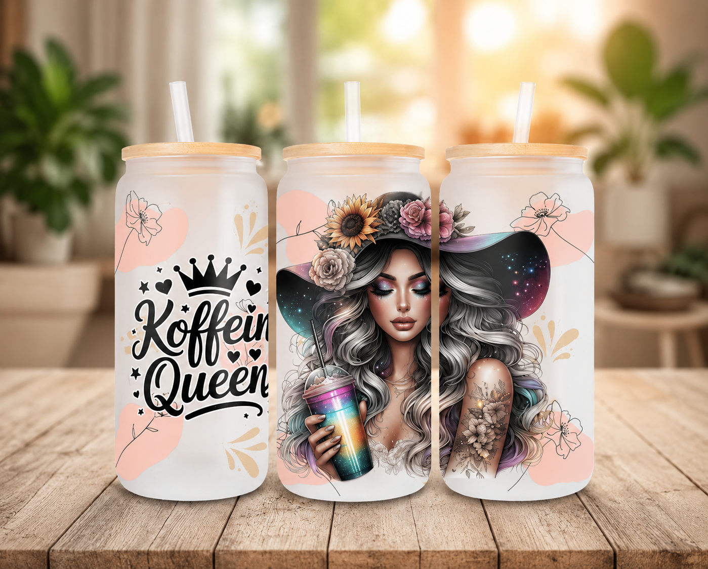 Trinkglas mit Bambus Deckel -Kaffe Queen