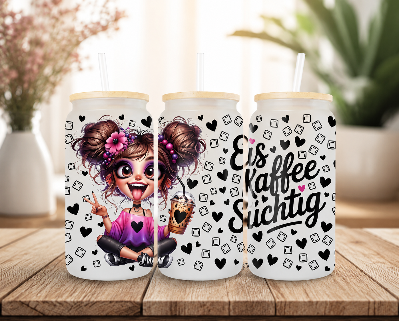 Trinkglas mit Bambus Deckel - Eiskaffe süchtig 2