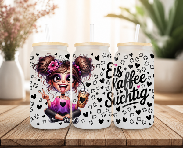 Trinkglas mit Bambus Deckel - Eiskaffe süchtig 2