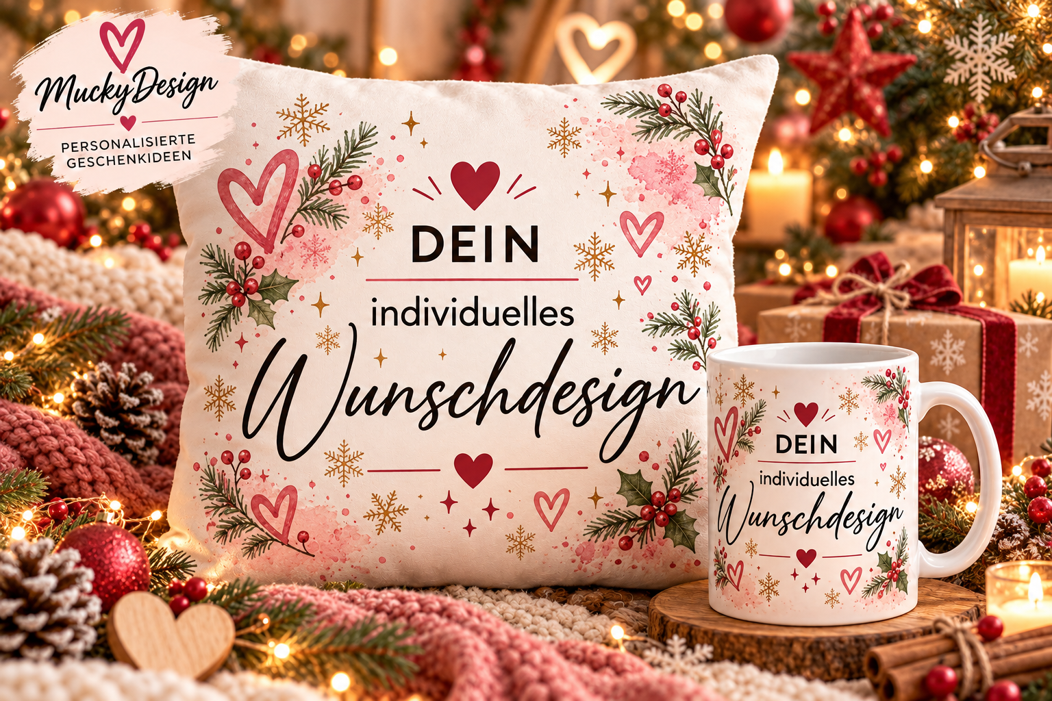 🎄 Tasse & Kissen mit individuellem Wunschdesign – Personalisiertes Weihnachtsgeschenk ❤️