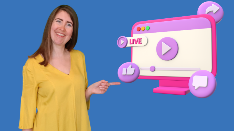 Foto van Lizzie in een gele jurk die wijst naar een 3D animatie van een roze met wit computerscherm. 