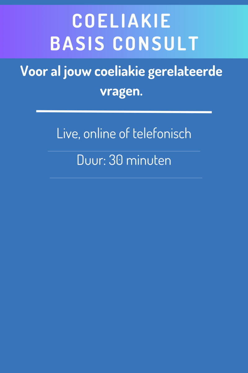 PNG met het aanbod: Coeliakie basis consult. Voor al jouw coeliakie gerelateerde vragen. 