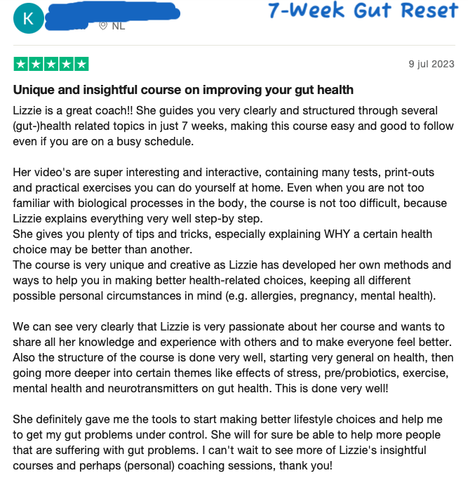 5-sterren review voor 7-Week Gut Reset in het Engels. "Unique and insightful course on improving your gut health." 