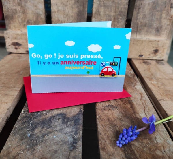 Carte 3D pliée JOYEUX ANNIVERSAIRE Voiture Go