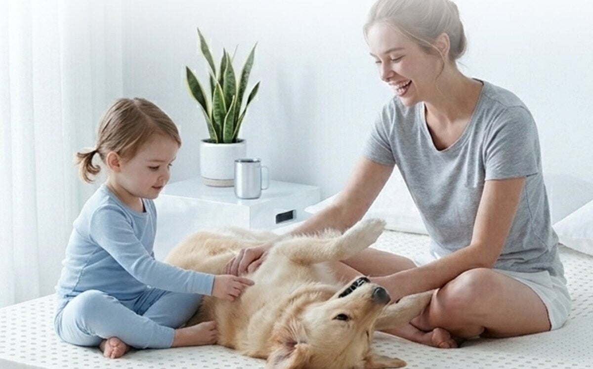 Moeder en kind spelen met hun hond op de latex topper