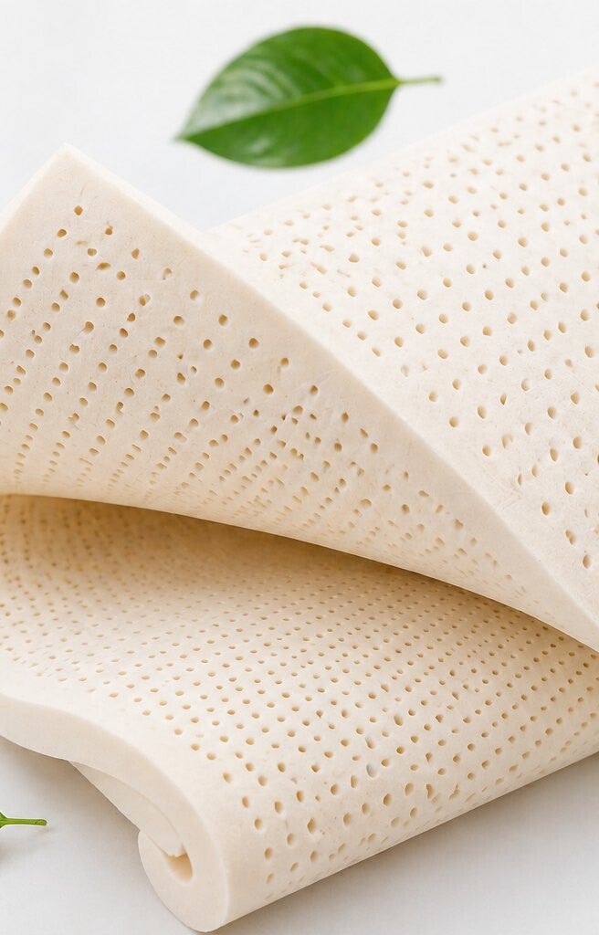 Opgerolde natuurlijke latex topper met open-celstructuur en een groen blad