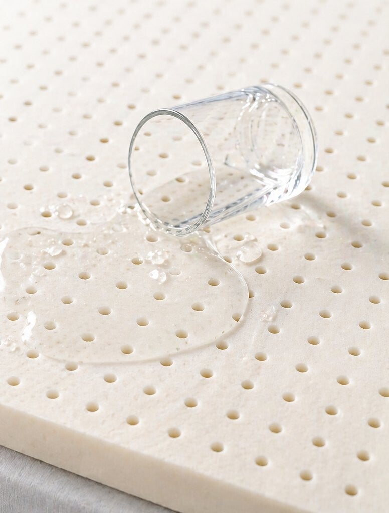 Omgevallen glas water blijft op het oppervlak van de latex topper liggen