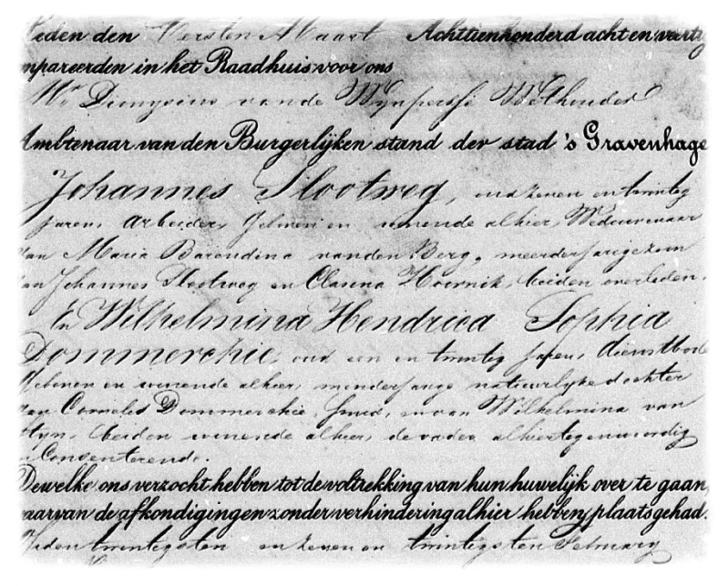 Huwelijksakte van de zoon van de oma van Sien Hoornik.