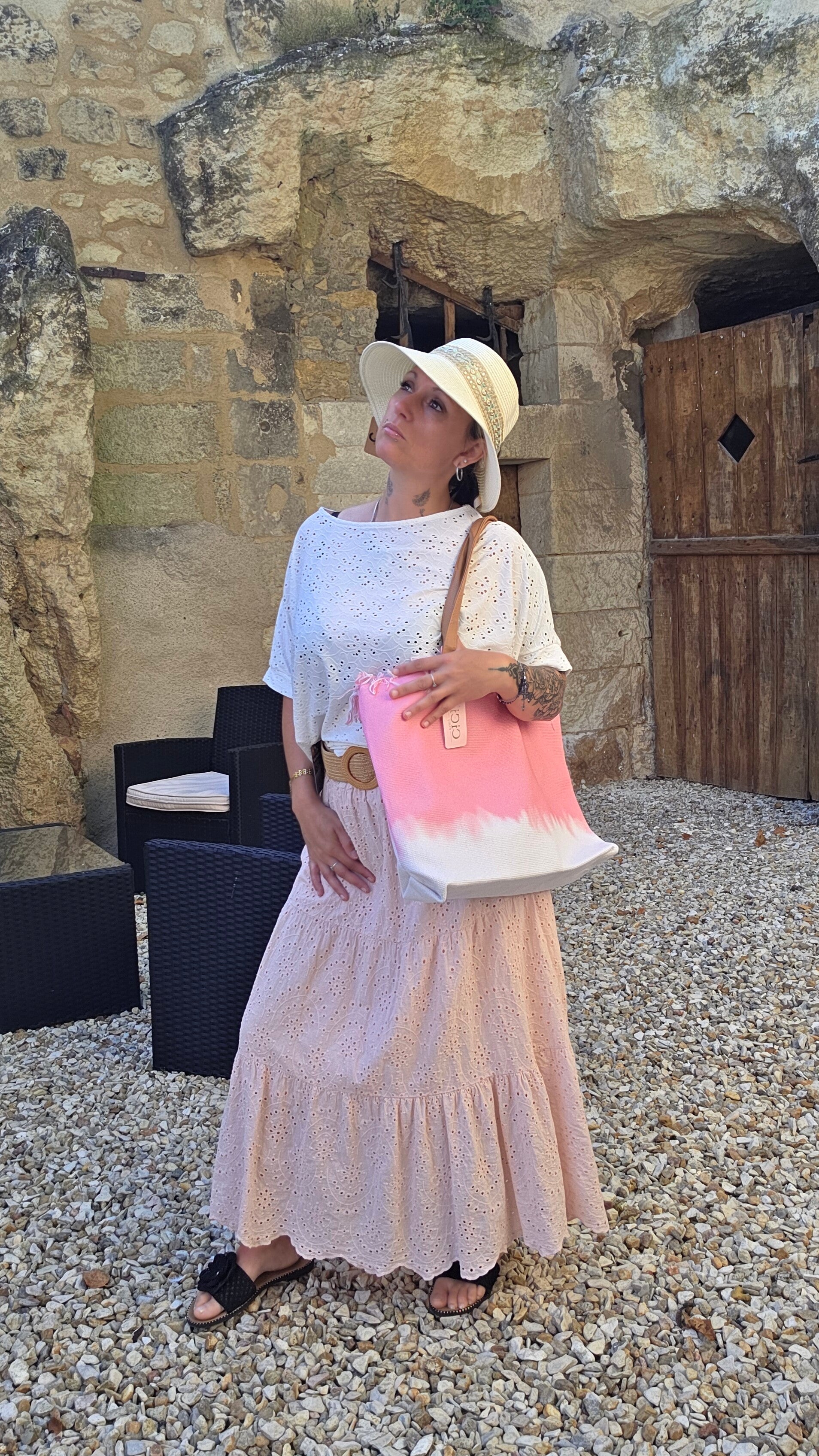 Sac cabas rose effet tie & dye - anses camel _ style bohème d'été