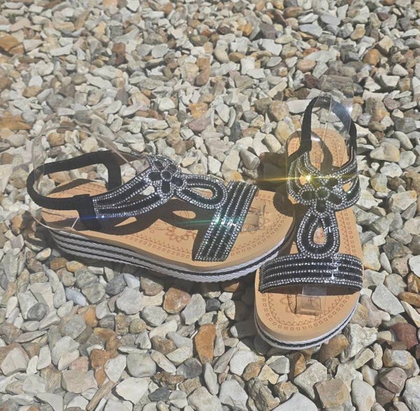 Sandales compensées à platefrome, noir à strass