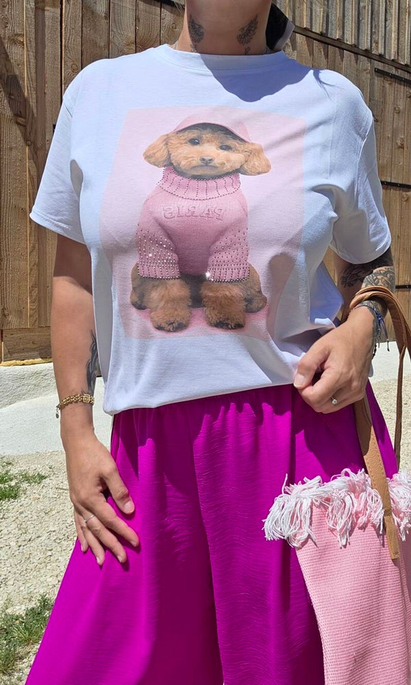 T-shirt blanc en coton avec petit chien et strass