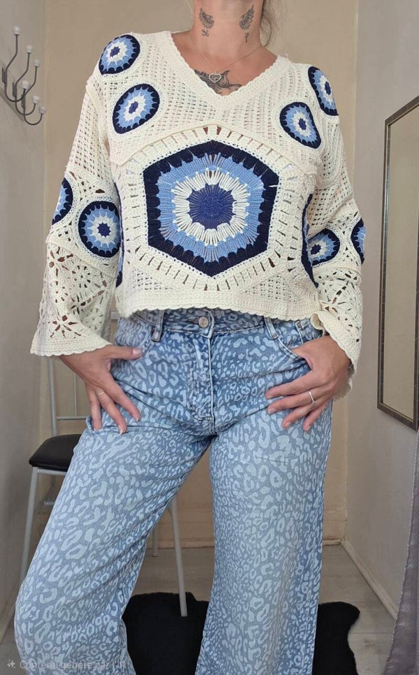 Pull en crochet bohème écru à motifs