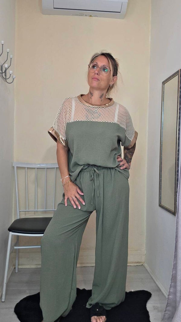 Ensemble femme 2 pièces – Top résille et pantalon fluide