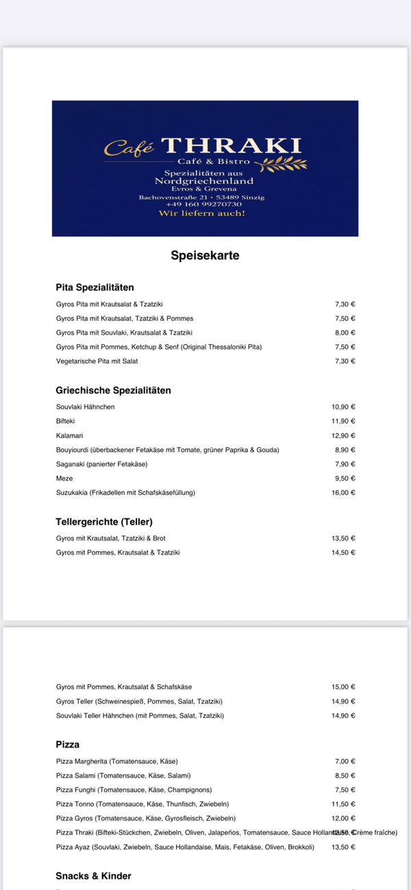Speisekarte Café Thraki Sinzig