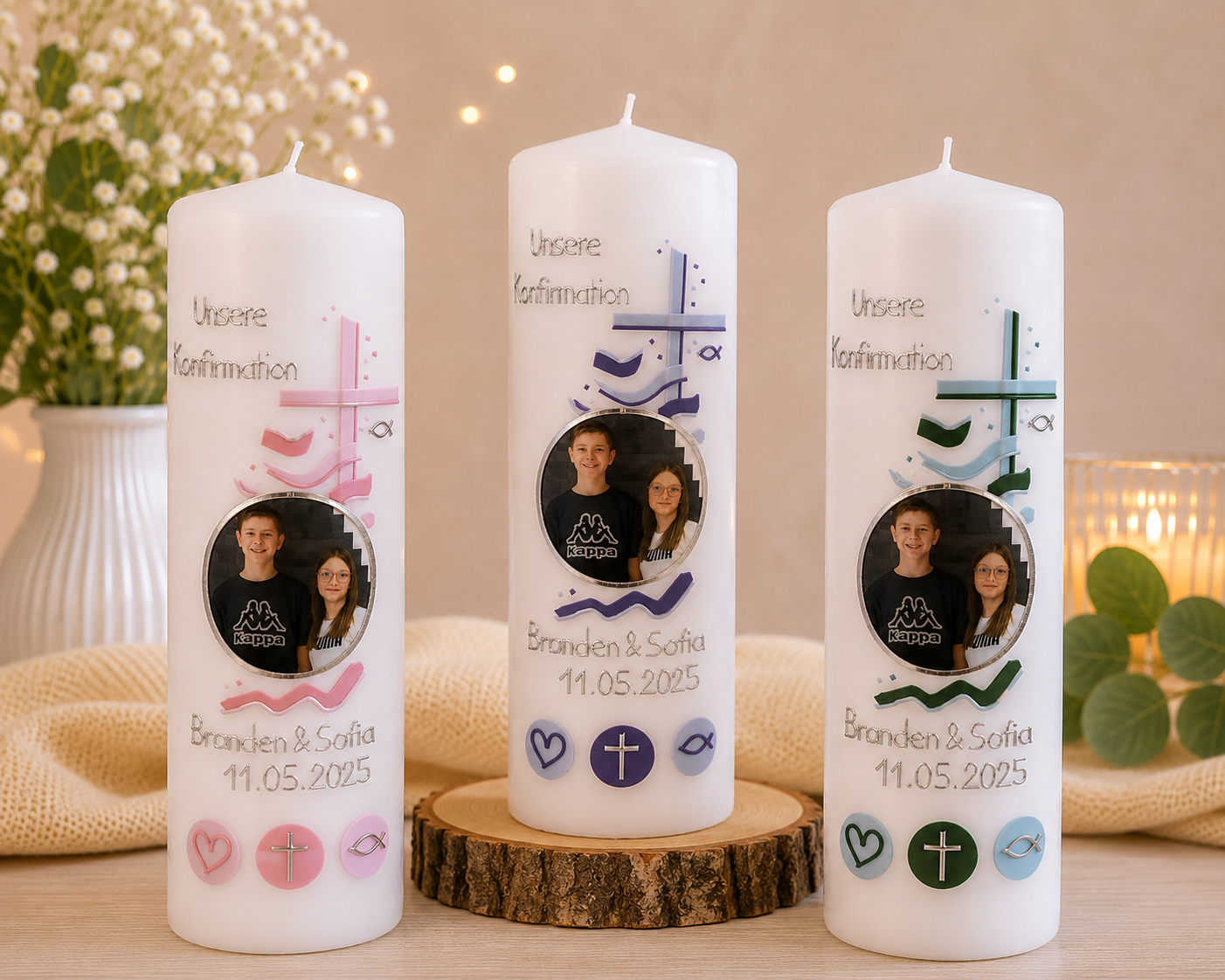 Personalisierte Tauf- oder Konfirmationskerze mit Foto | Handgefertigt