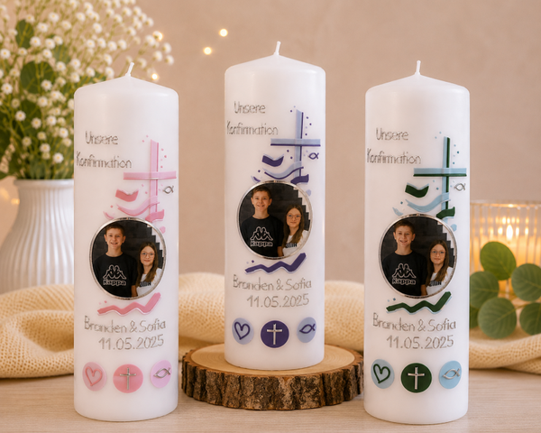 Personalisierte Tauf- oder Konfirmationskerze mit Foto | Handgefertigt
