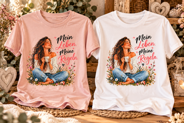 Damen T-Shirt „Mein Leben. Meine Regeln.“ – Florales Motiv mit Frau und Tasse – Weiß oder Rosé