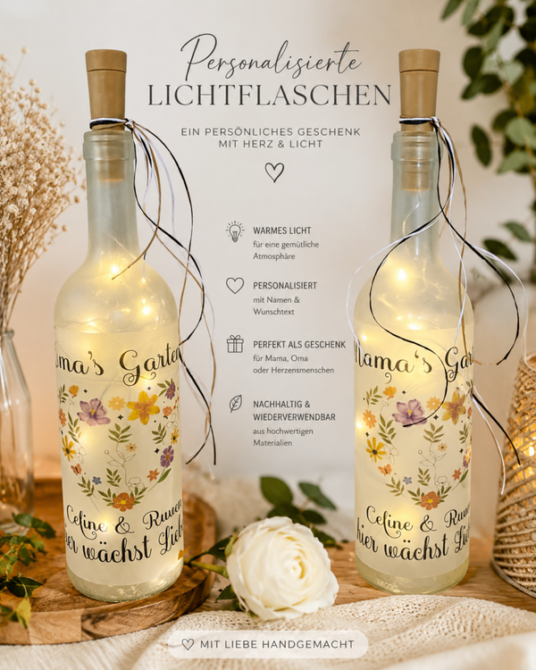 Beleuchtete Flasche Blumengarten